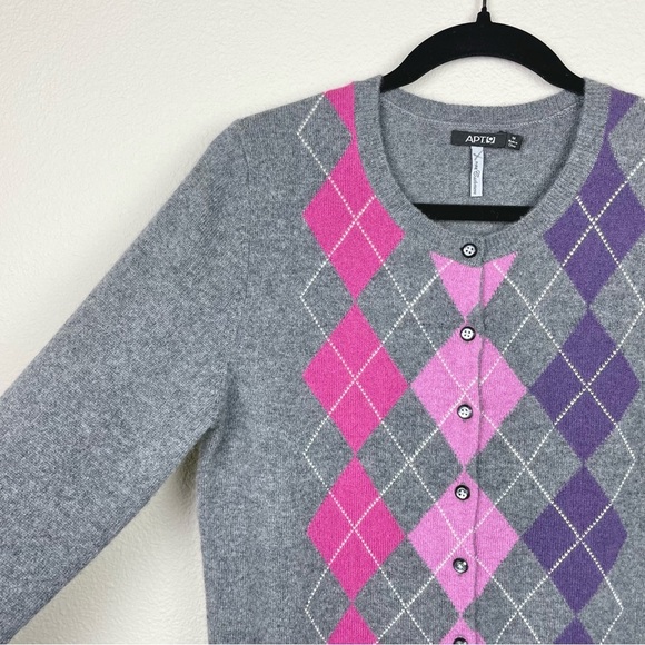 Apt.9 Women's Medium 100% Cashmere Argyle Button Front Cardigan Sweater Academia - Picture 3 of 16